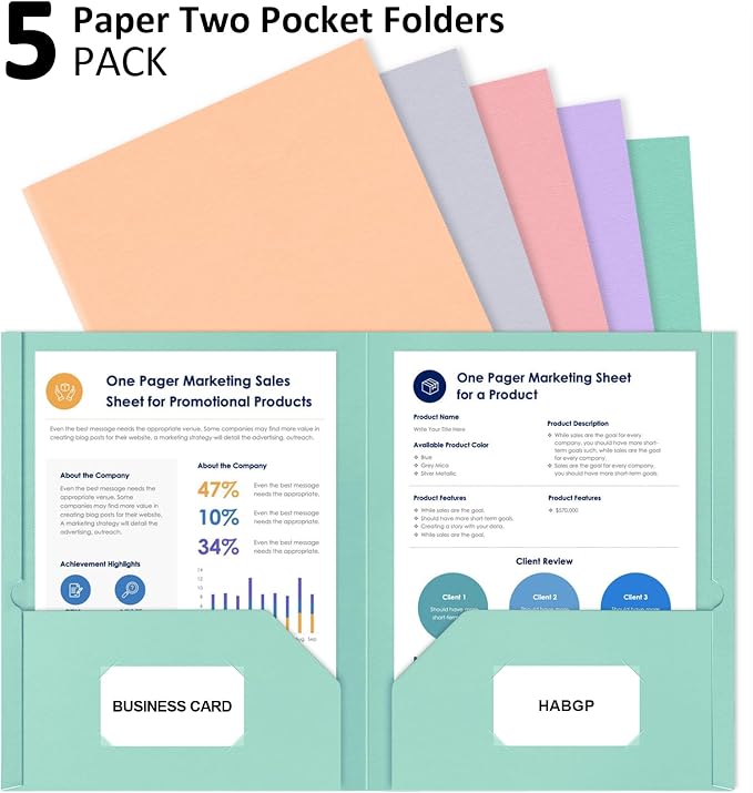 5 Pack Folders with Pockets, 5 Pastel Sweet Colors Paper Pocket Folders | Heavy Duty File Folders, with Business Card Slot, 2 Pocket Folder, for School Office, Letter Size