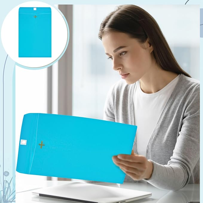 Geyee 100 Pcs Clasp Manilla Envelopes 9 x 12 Inch Gummed Colored Envelopes for Storing or Mailing for Home Office Business Supplies(Lake Blue)