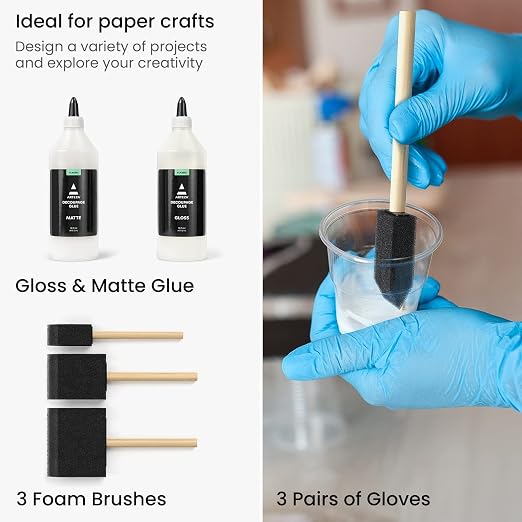 Arteza Decoupage Glue Refill Kit, 1 Gloss- and 1 Matte-Finish Glue, 16-oz Bottles, 3 Foam Brushes, 3 Pairs of Gloves, Art Supplies for Decoupaging on Glass and Furniture, with Fabric and Tissue Paper