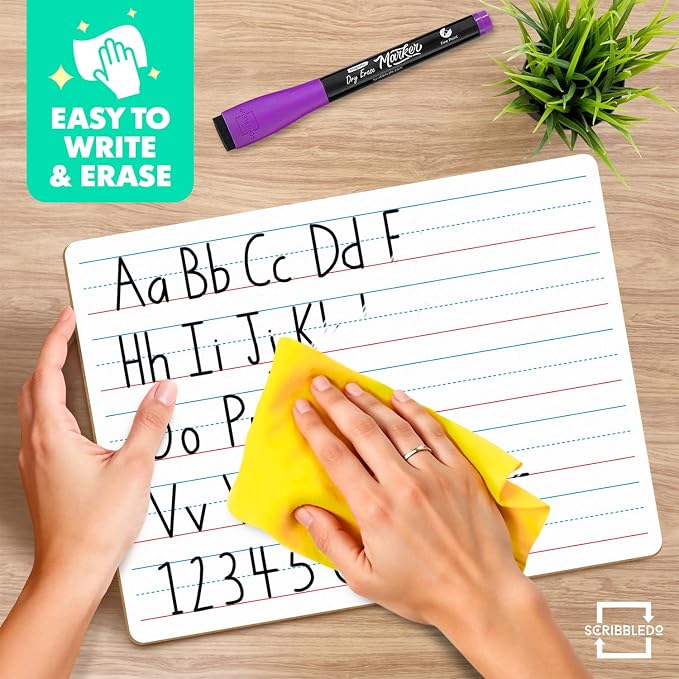 Scribbledo Small Dry Erase Board with Lines for Kids, 9x12 Double Sided | Ruled Whiteboard for Handwriting Practice, Classroom and Homeschool Supply, Portable, Easy to Clean, Robust
