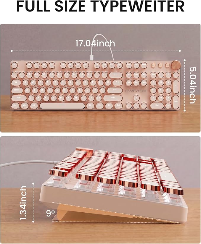 EWEADN Wired Typewriter Mechanical Keyboard, Low Noise Pink Switch Retro Punk Keyboard with Media Knob, White Backlit, Metal Panel, 104-Key Round Keycaps Cute Keyboard for Windows PC- Rose Gold