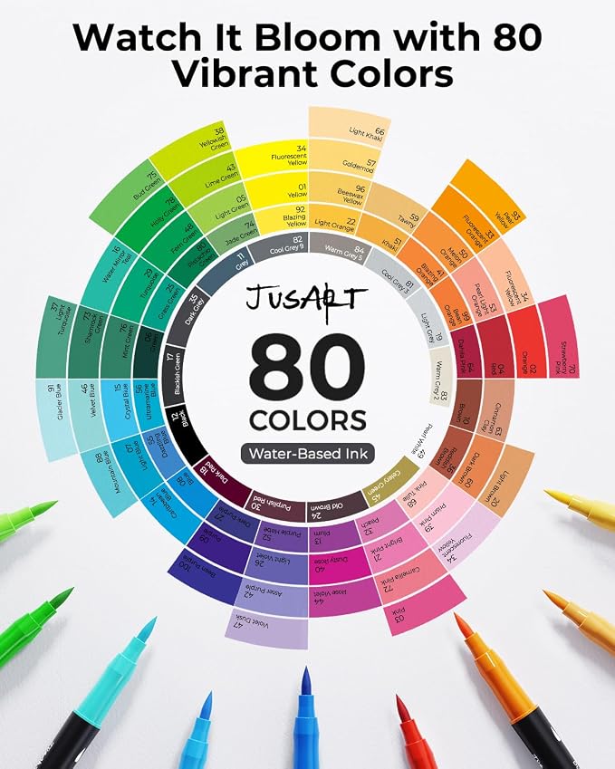 JusArt Markers for Adult Coloring Books No Bleeding 80 Colors | Dual Tip, Triangle Grip, Fine & Brush Tips, Water-Based, 33% More Ink, With 200gsm Coloring Book, Storage Case, 6 Spare Tips