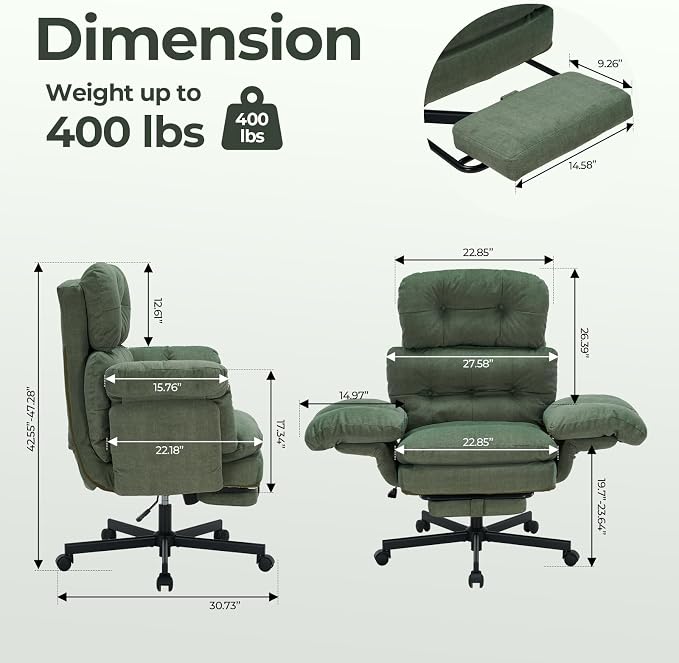 Criss Cross Office Chair with Foot Rest, Big and Tall Office Desk Chair with Flip Armrests for Pets & Cross Legged Sitting, Comfy Executive Ergonomic Reclining Computer Gaming Vanity Chair, Green