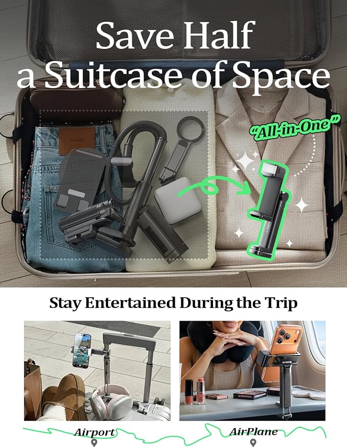 LISEN Airplane Travel Essentials (LED) Phone Stand Holder for Desk Cruise Ship Essentials 2026 Mount Airplane Gadgets Women Men Long Flight Accessories Photographic Lighting Flash Tubes Kids Gifts | Cold Shoe and 1/4" Screw, 360° 180° Tilts Adjustable ...