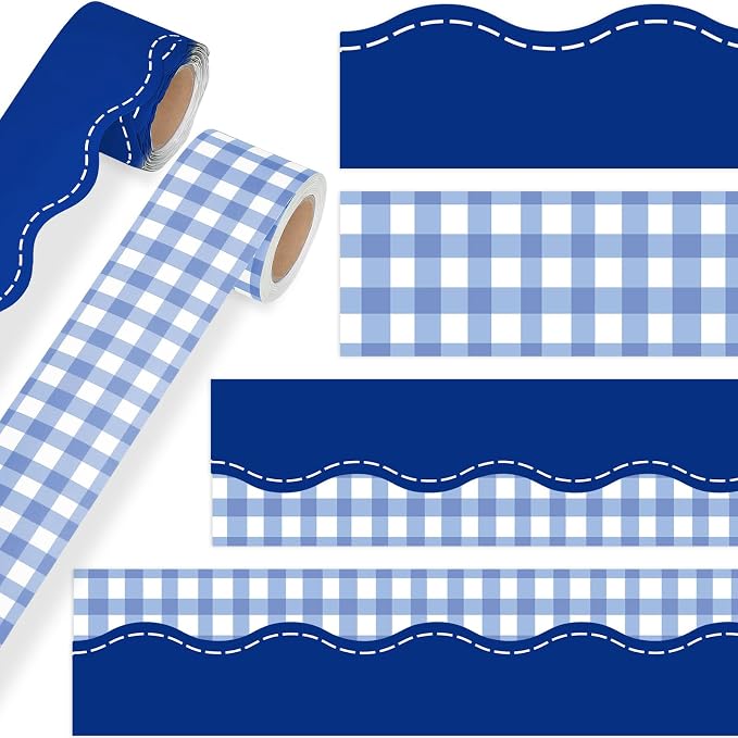 2 Rolls 65.6ft Dark Blue Gingham Bulletin Board Borders Decoration Blue Checkered and Straight Edge Bulletin Borders Board Trim for Office School Classroom Chalkboard Party Decoration
