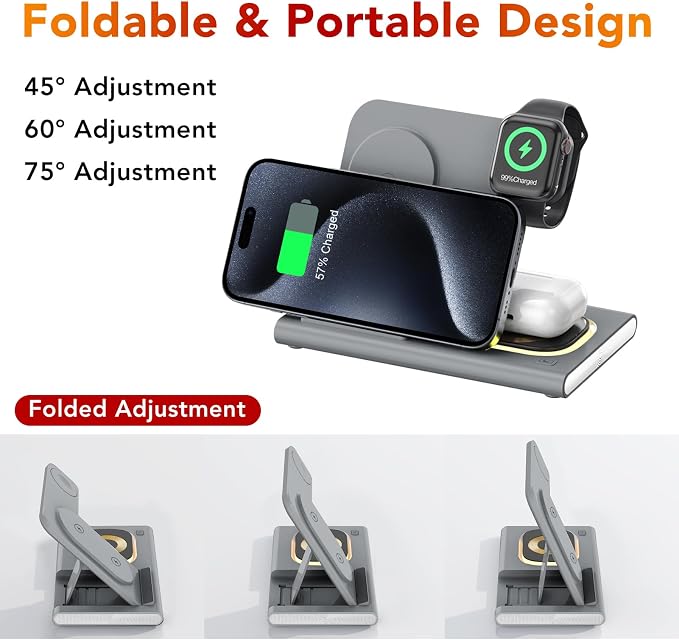 3 in 1 Foldable Wireless Fast Charging Station for Apple Multiple Devices | iPhone Charging Station for iPhone 17, Travel iWatch Charger Stand, Light Nightstand Charging Dock for Apple Watch/Airpods
