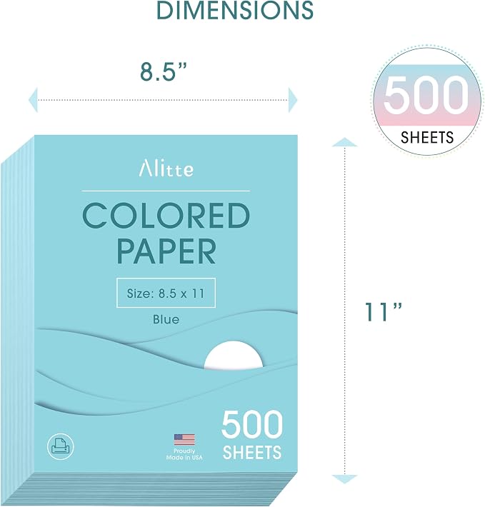 Alitte Colored Paper 500-Sheets - Blue Paper, 8.5 x 11 Colored Printer Paper, Arts & Crafts, DIY Projects - School & Office Supplies - Pastel Copy Paper, 1 Ream, Made in the USA