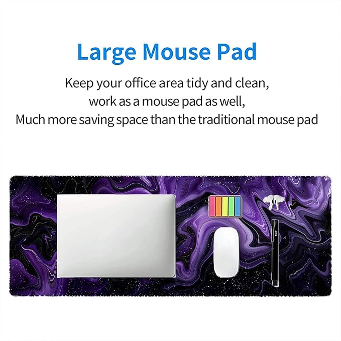 Dark Purple Ripples Desk Pad Mouse Pad Black Purple Lines Large Gaming Mouse Mat with Stitched Edges,Non-Slip Waterproof Rubber Base Mous Mat Office Computer Keyboard Laptop Home 35.4"x15.7"