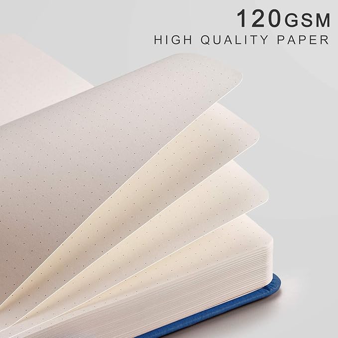 EMSHOI Dotted Journal Notebook, 256 Pages, 120 GSM Thick Paper, A5 Small 5.75"x8.38", PU Leather Hardcover, 5mm Dot Grid Notebook for Journaling, Planning, Drawing, Writing, Blue