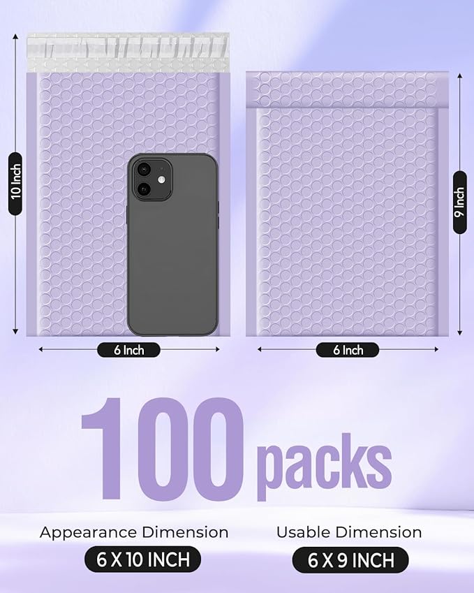 Metronic Bubble Mailers 6x10" 100 Pack Lilac Purple Self-Seal Padded Envelopes Usable Size 6x9" Waterproof Bubble Envelopes Bulk for Small Business Padded Mailers for Mailing Jewelry #0