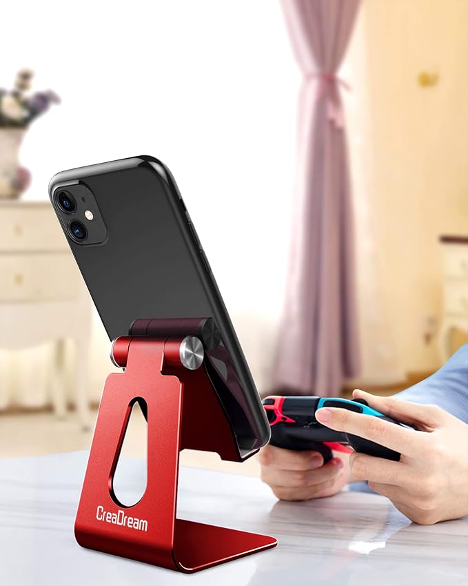CreaDream Aluminum Cell Phone Stand, Adjustable Phone Holder for Desk | Adjustable Viewing Angle, Desktop Stand, Stable Base, Fits iPhone 17 16 15 14 13 Pro Max Desk Accessories, Red