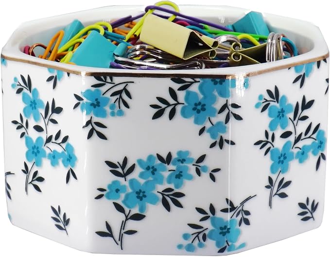 Ceramic Paper Clip Holder With Shiny Gold Line Marble Floral Paper Clip Dispenser for Desk Cute Flowers Paper Clip Organizer Office Binder Clip Holder Gift for Office (Teal Blue)