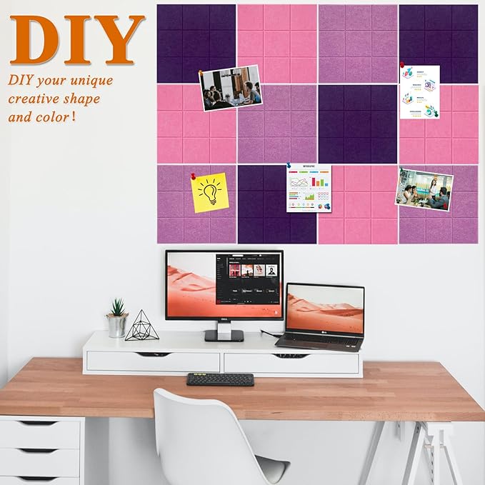 Large Square Felt Cork Board Tiles, Self Adhesive DIY Felt Bulletin Board with 35 Pushpins for Office School Home Wall Decor Stickers Memos Photos Display (Purple & Pink)