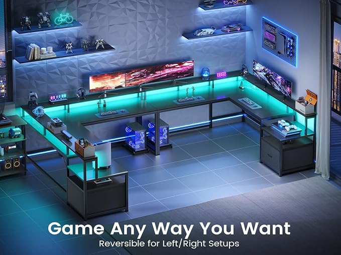 SEDETA 66" Reversible L Shaped Computer Desk with Power Outlet, File Drawer | Home Office Desk with Monitor Shelf, Storage Shelves, LED Lights for Corner Small Spaces, Gaming, Black