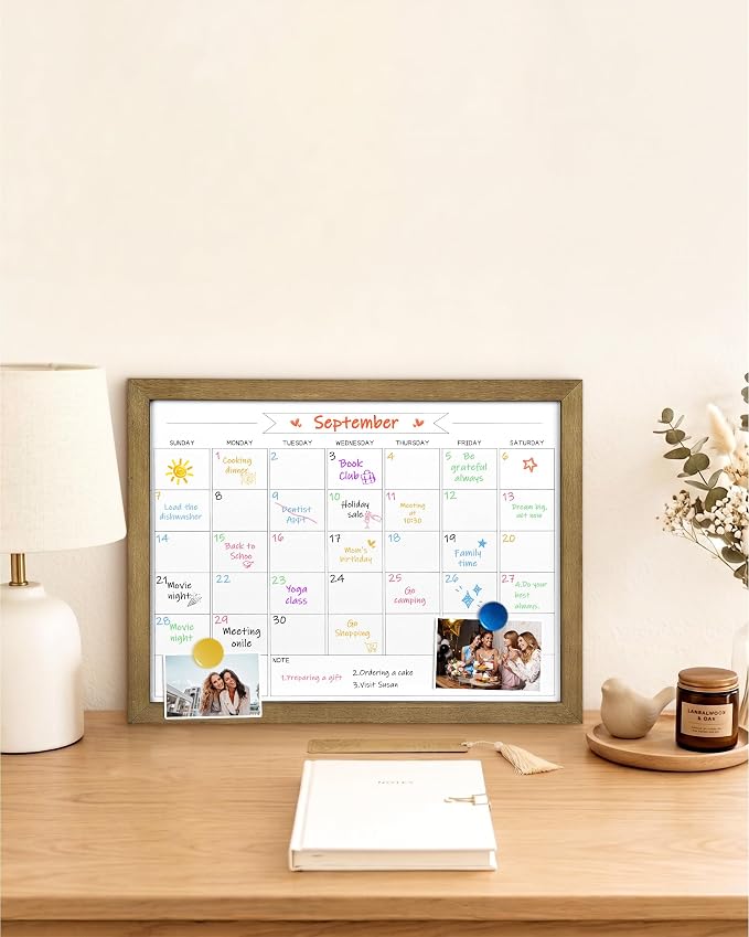 Small Dry Erase Monthly Calendar Whiteboard, Magnetic Surface White Board for Wall, Office/School/Home, Solid Pine Wood Rustic Brwon Frame Hanging Board & Planning Board, 13"x 17" (YL-RB-3343-B)