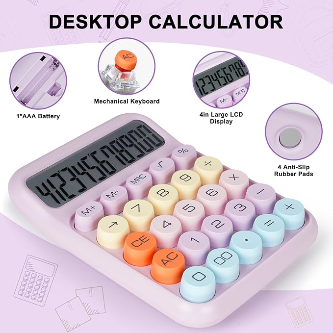 Mechanical Switch Calculator with Big Buttons, Calculators Desktop, 12 Digits, Large LCD Display, Desk Calculator, Cute Pink Calculators for Teachers Students Basic Office (Purple)