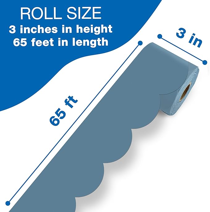 Carson Dellosa 65Ft of Stone Blue Bulletin Board Borders, 1 Roll of Scalloped Trim for Rolling Whiteboard, Cork and Posterboard, Party, Office Decorations, and Classroom Decor
