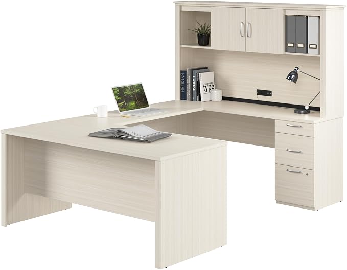 Bestar U or L Shaped Desk with Hutch & Drawers, White Chocolate, Logan, 66W | With Pedestal and Hutch; The Bestar Logan U or L Shaped Desk with Drawers and Hutch offers a customizable solution
