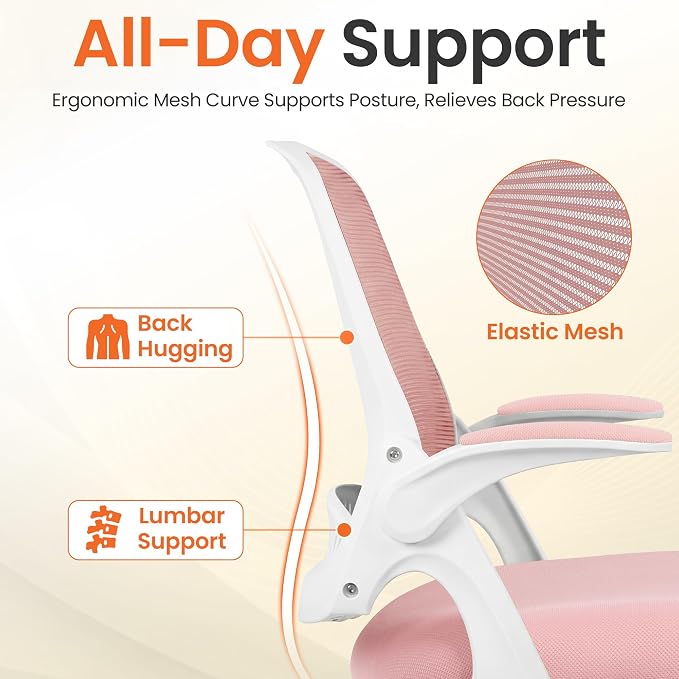 NEO CHAIR Office Computer Chair Ergonomic Mesh Back Flip-Up Arms, Pink | Lumbar Support, Smooth-Rolling Casters, Height Adjustable Seat, Comfortable Seating for Office, Study and Computer Work