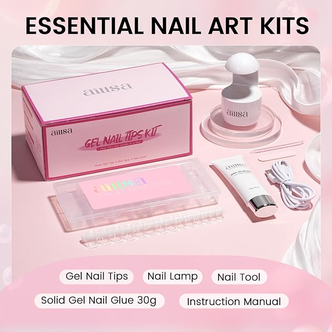 AILLSA Gel Nail Tips Kit Extra Short Square Nail Tips 120pcs, Upgrade Glue Gel 30g for False Nail Tips, Nail Extensions Full Kit with Portable Nail Lamp for Beginners