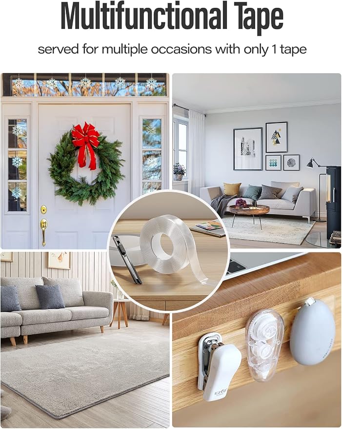 Double Sided Tape Heavy Duty Traceless Removable Washable Nano Gel Grip Tape, Clear Sticky Adhesive Mounting Tape for Home/Office/Car Decor/Wall Decor, Fix Carpet Mats