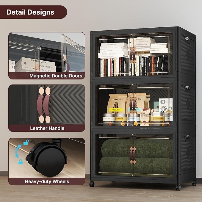 Stackable Storage Bins with Lids,1080QT Lockable Storage Cabinet | Folding Storage Box with Doors and Wheels, Collapsible Plastic Drawers for Home, Garage, Office