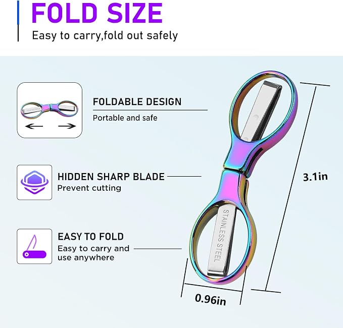 Friker Folding Scissors,Portable Telescopic Cutter Pocket Badge Scissors | 2 Pcs Mini Safe Rainbow Foldable Scissors for Household, Office, Handcrafts, Sewing, Nurse Use, Travel and Fishing