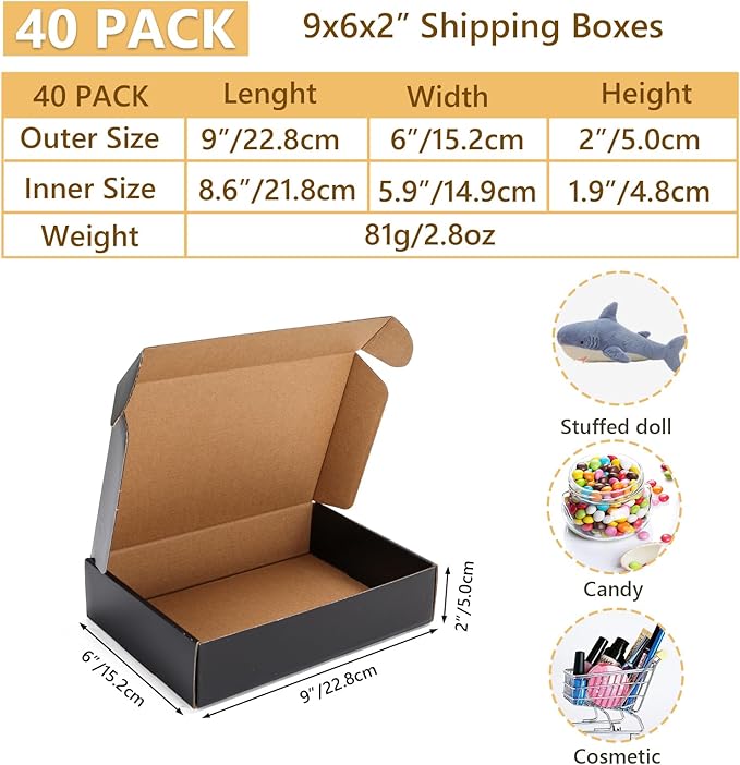 EXYGLO 40 Pack 9x6x2 Shipping Boxes, Black Corrugated Cardboard Boxes for Packaging Small Business, Moving, Shipping, Mailing, and Storing
