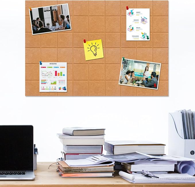 Large Square Felt Cork Board Tiles, Self Adhesive DIY Felt Bulletin Board Pin Board with 35 Pushpins for Office School Home Wall Decor Stickers Memos Photos Display (Deep Camel)