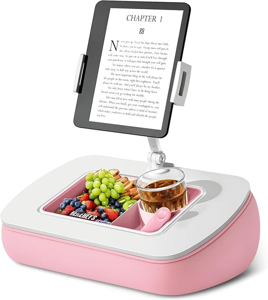 Tablet Pillow Stand for Lap Use with Snack Bowl and 360° Rotating Arm, Adjustable iPad Holder for Bed, Couch, and Recliner, Compatible with 4.7"-13" Kindle, iPad, Tablet, Phone,Pink