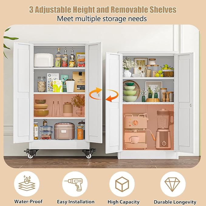 47" Metal Garage Storage Locker Cabinet with Wheels,Rolling White Kitchen Pantry Cabinet with 2 Doors and 3 Adjustable Shelves, Steel File Tool Cabinet for Home Office Living Dinning Room Warehouse