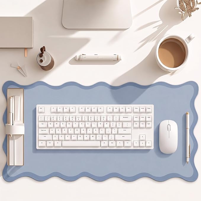 Hahafelt Scalloped Desk Mat Waterproof,Dusty Blue,31.5 X 15.8 Inches | Coquette Preppy Style for School Office Makeup Vanity, Nonslip Gaming Desktop Protector with Scalloped Stitched Edge Mat