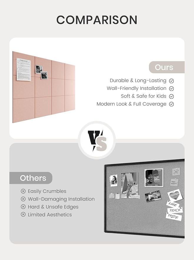 Bumusty 48"x 36" Large Felt Bulletin Board Tiles, Pink | 12-Pack Cork Board Alternative, Wall Decor, 30 Pushpins, 60 Adhesive Tabs, Vision Board, Office, Classroom, Home, Dorm