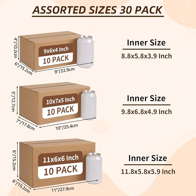 ZBEIVAN Shipping Boxes Mailers Assorted Sizes 11x6x6, 10x7x5, 9x6x4 inches Corrugated Cardboard Small Packing Kraft Moving Mailing Box, Pack of 30