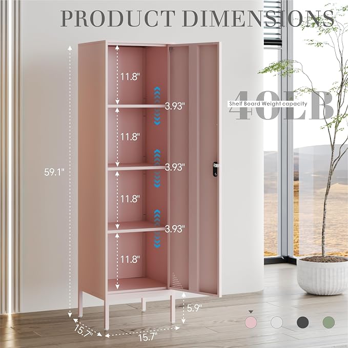 Pink Metal Locker Cabinet, 59.1" Lockable Storage Locker for Employees with Adjustable Shelves, Locking File Cabinet Door for Office, School, Gym, Garage