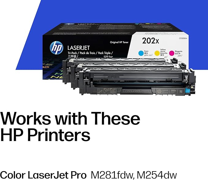 HP 202X Cyan, Magenta, Yellow High-Yield Toner Cartridge Printers (3-Pack) | Works with Color LaserJet Pro M254, Color LaserJet Pro MFP M281 Series | CF500XM
