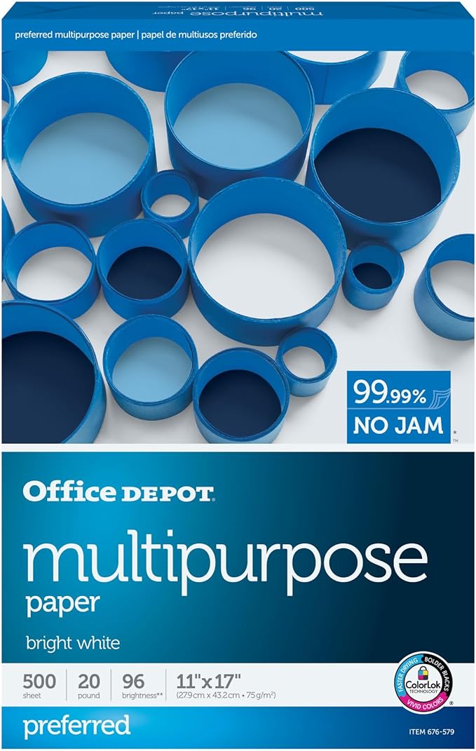 Office Depot® Multi-Use Printer & Copy Paper, 1 Ream, White, Ledger (11" x 17"), 500 Sheets Per Ream, 20 Lb, 96 Brightness, 1809RM