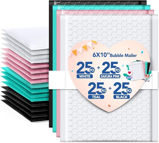 GSSUSA Bubble Mailer 6x10" Small Bubble Mailers 100 Pack Usable Size 6x9" Padded Envelope with Black & White & Sakura Pink & Teal, Cute Bubble Mailers Self-Seal Bubble Envelopes for Small Business.