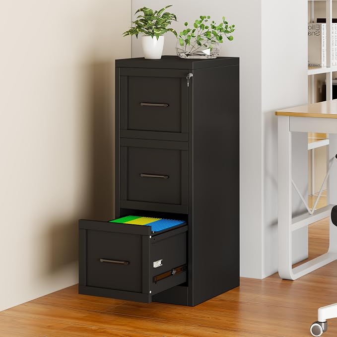 4 Drawer Metal File Cabinet with Lock,Narrow Vertical Filing Storage Cabinets,Steel File Organization for Legal/Letter/A4/F4 Size with Hanging Files,Lockable File Folders for Home Office, Black
