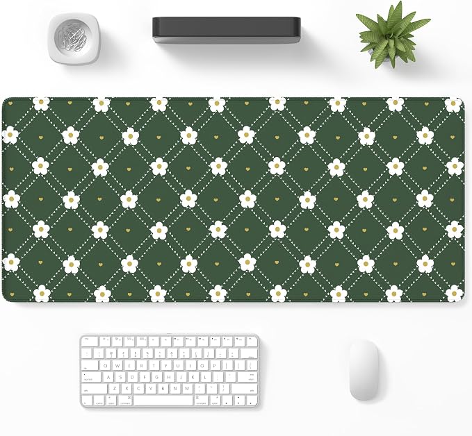 Desk Mat, Large Gaming Mouse Pad, 32" x 12", Cute Green Argyle | Waterproof Desk Pad, Non-Slip Rubber Base, Desktop Mat with Stitched Edges, Desk Accessories for Office, Work, Home