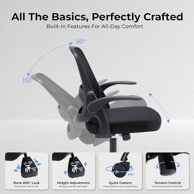 amseatec Mesh Office Chair, Ergonomic Home Office Chair with Flip-Up Arms | Breathable Mesh Back & 3" cushion. BIFMA Certified. 90-110° Rocking. Supports 300 lbs.