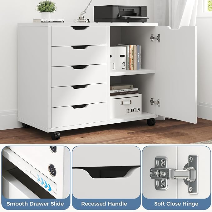 DUMOS 5-Drawer Mobile File Cabinet, Wooden Printer Stand with Storage | Under Desk Cabinets with Adjustable Shelf & Wheels for Home Office Organizer Storage Craft Room, White