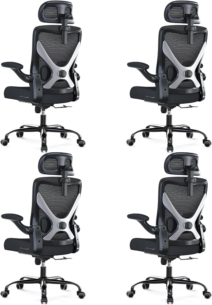 Ergonomic Office Chair: Mesh Desk Chair Comfy with Headrest& Lumbar Support | Ergalithic Big and Tall Office Chairs with Wheels & Flip-Up Arms-Computer Gaming Chairs for Adults (Black-Pack of 4)