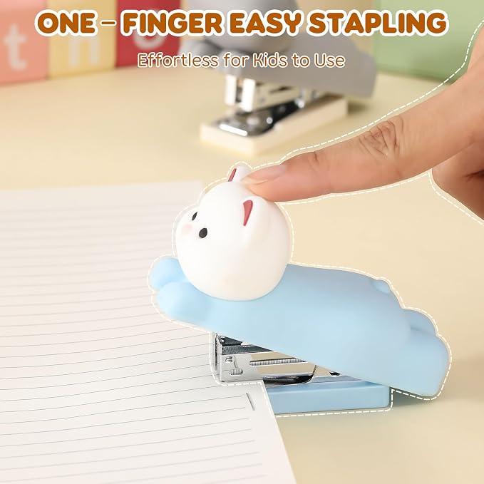 Honagu Mini Cute Animal Stapler with Staples, Cartoon Stereoscopic Silicone (PVC) Stapler, Labor-Saving Office Supplies for Students,Teachers, The First Day of School Gift for Girls(Milky White Bear)