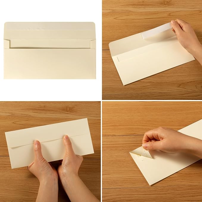 100 Pack Colored #10 Business Envelopes, 4.13 x 9.49 Inches, Cream Color | Self Seal, Standard Envelopes, For Office Checks, Business Letter Mailing, Greeting Card