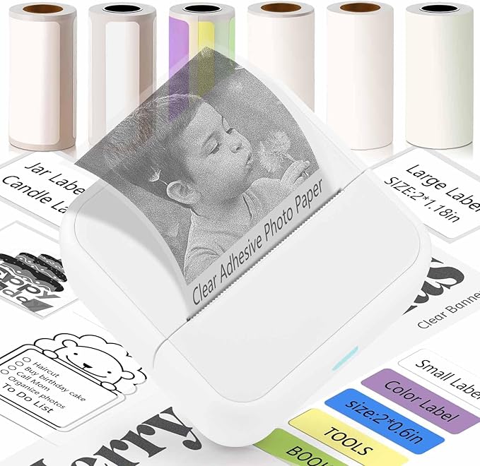 KEEPHOPE Label Maker Machine with 6 Tapes, Thermal Label Maker, Portable Mini Bluetooth Label Printer with Clear Tape for Home, Kitchen, School White