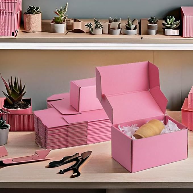 8x4x4 inch Pink Shipping Boxes for Small Business- Set of 25 | Sturdy ECT 32 Corrugated Cardboard Mailer Boxes, Easy Assemble for Packaging, Mailing, Gift