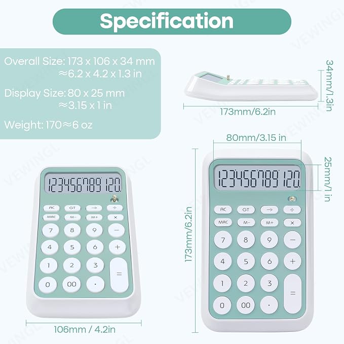 VEWINGL Desktop Calculator, 12 Digit HD Display with% Key | Great for Office, School, or Home (Green, Non-Voice)