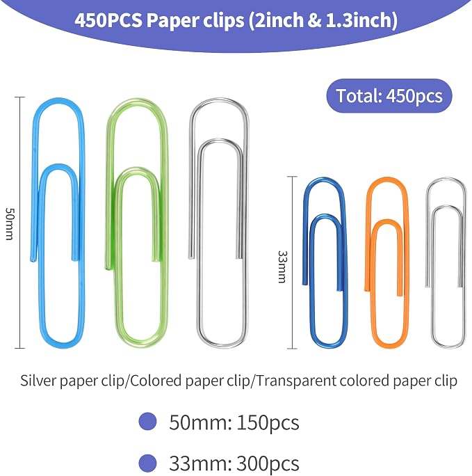 450PCS Paper Clips Assorted Sizes Medium and Large,Rich Colors | Office Supplies,Classroom Must Haves,School Supplies