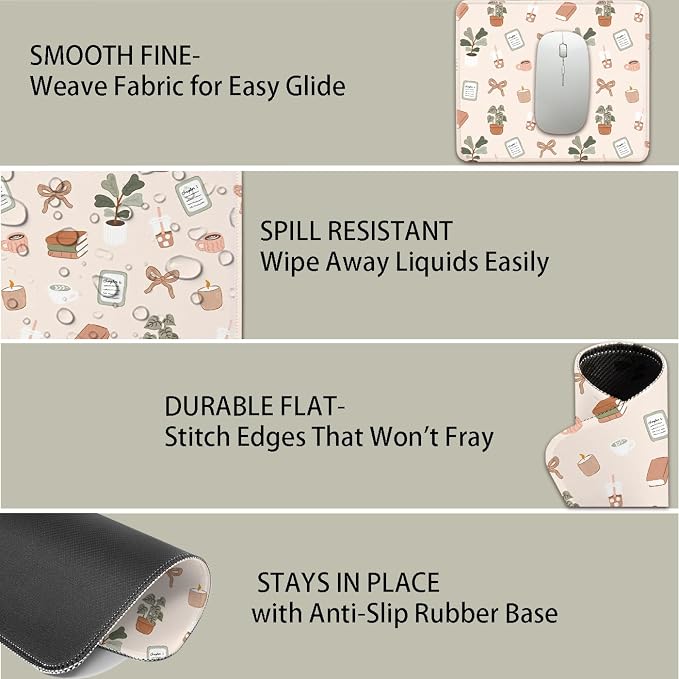 Mouse Pad for Desk with Stitched Edge, Premium Cute Washable Mouse Pads. Computer Mousepad with Non-Slip Rubber Base, Mousepads for Laptop, 9.25x7.75x0.12 inch (Calm Oasis)